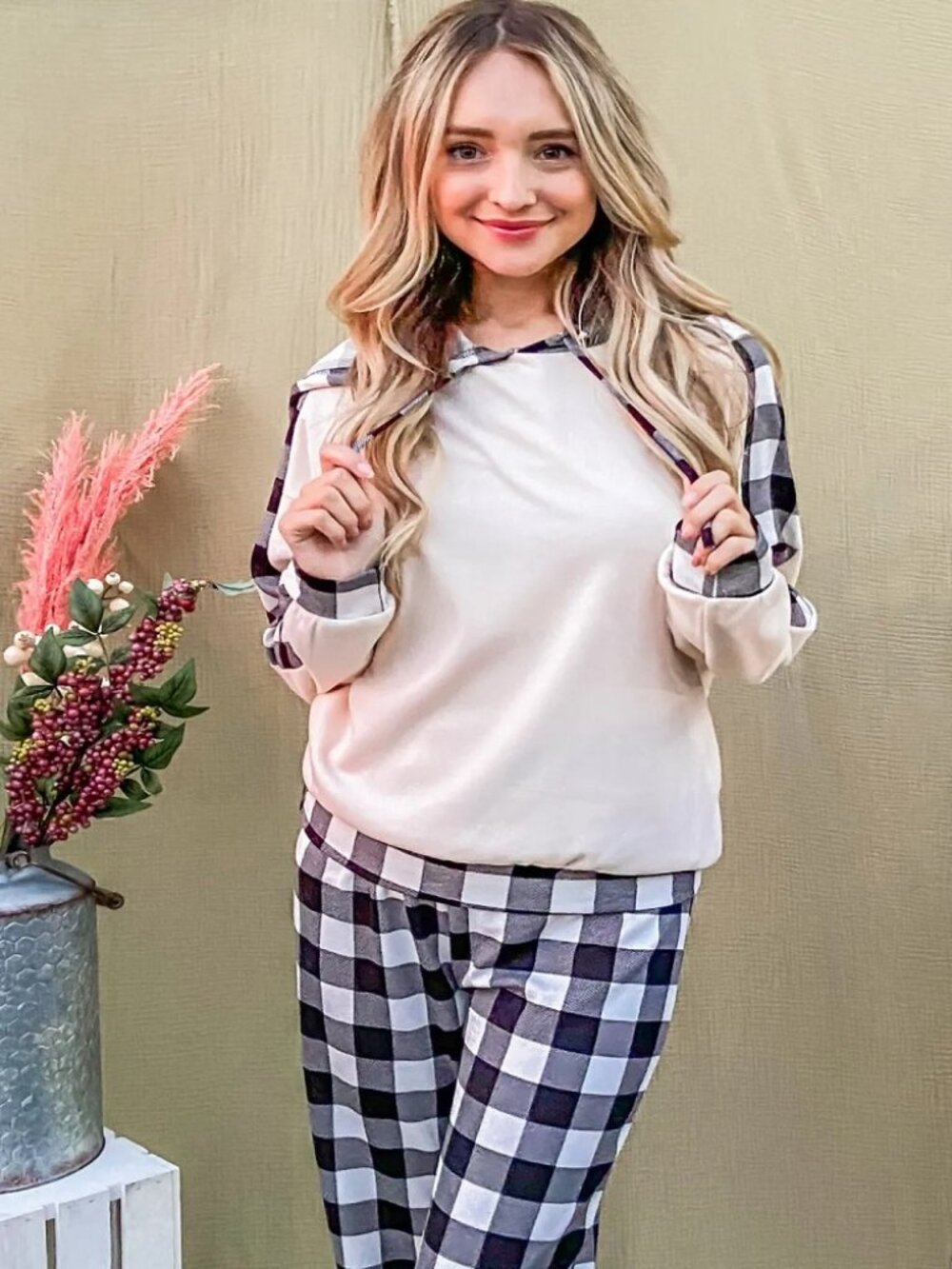 Cozy Plaid Lounge Set Hoodie Drawstring Top & Pants Size - Picture 5 of 8